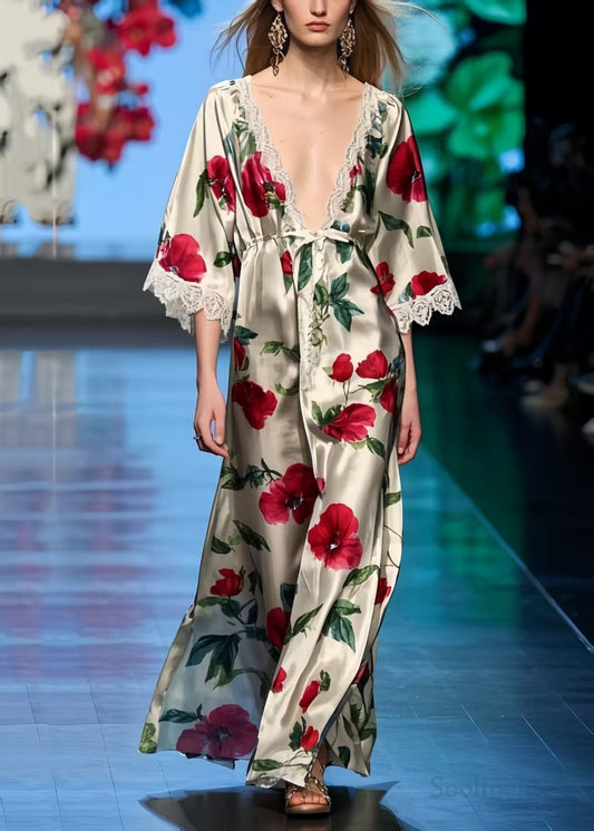 Style V Neck Print Silk Holiday Dresses Summer