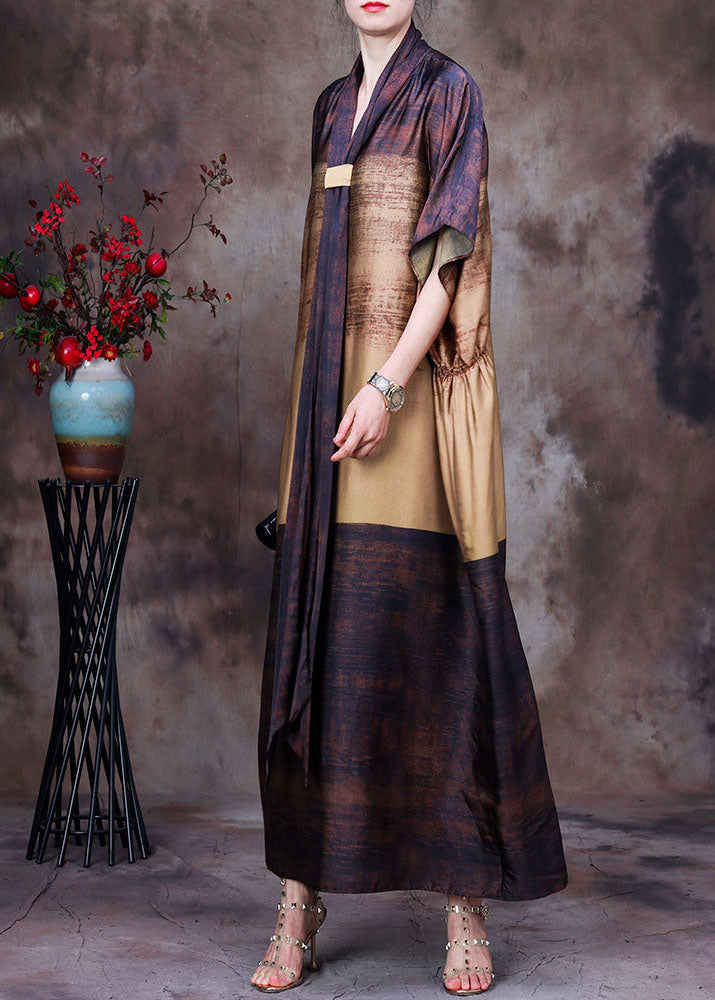 Yellow Coffee Bow Collar Print Silk Dress Batwing Sleeve