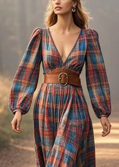 Brown Deep-v Neck Plaid Cotton Holiday Dresses Spring