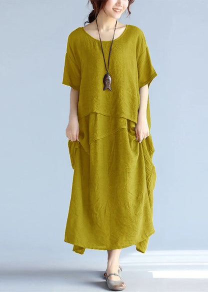 Baggy Gray Long Linen Dresses Oversized Layered Cotton Maxi Dress Short Sleeve Cotton Clothing