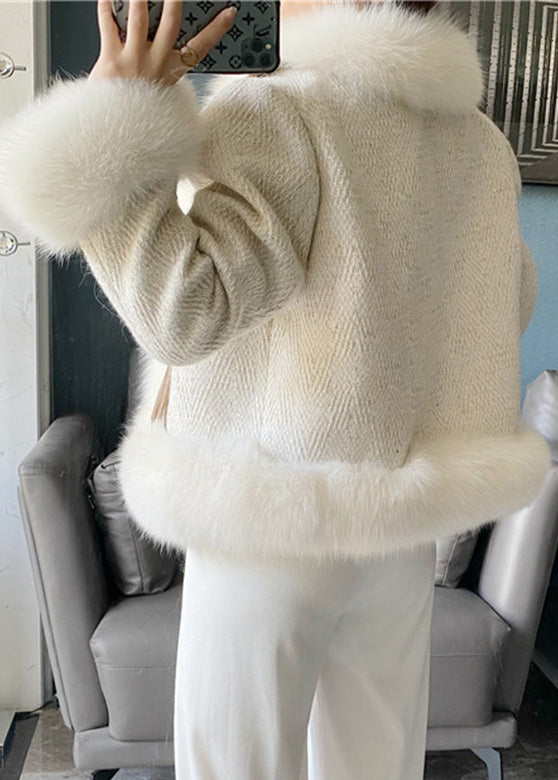 Beige Fox Collar Faux Leather and Fur Coat Winter