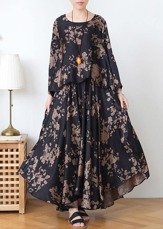 Loose Silk Satin Wind Dress Black Chocolate Color Printing Two-piece Goddess Big Swing Skirt