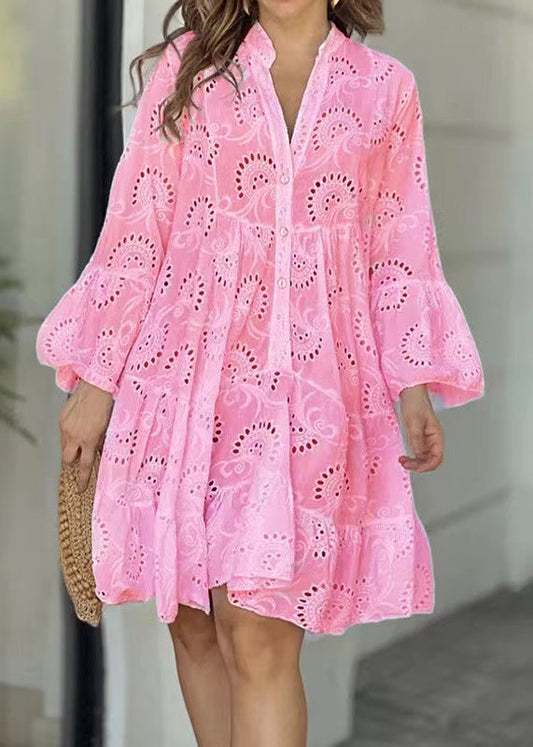 Pink Oversized Hollow Out Cotton Sun Dress Summer