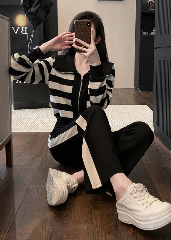Black Striped Tops and Pants Cotton Two Pieces Set Spring
