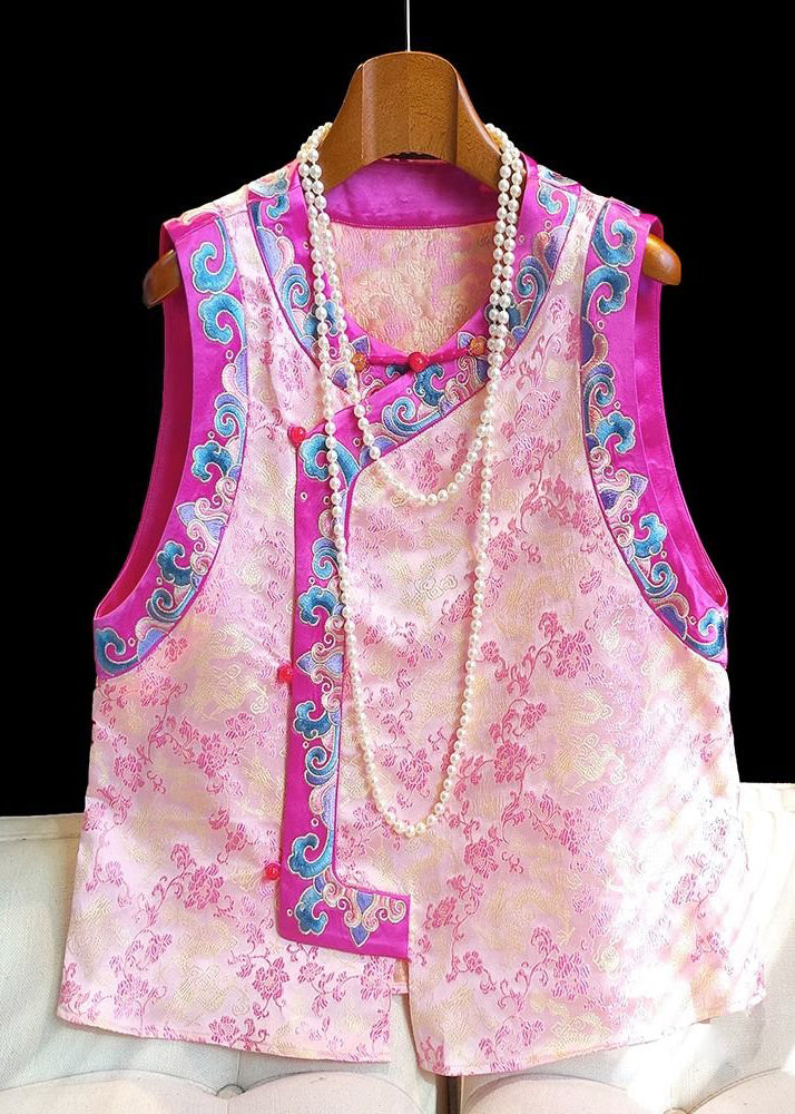 Pink Embroideried Patchwork Silk Vest Tops Sleeveless