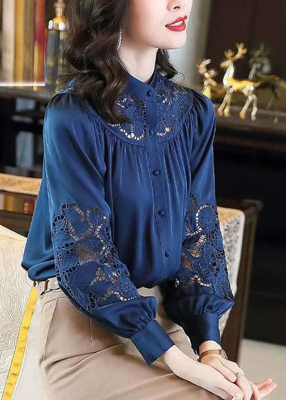 Classy Blue Stand Collar Button Hollow Out Embroidered Silk Blouses Spring