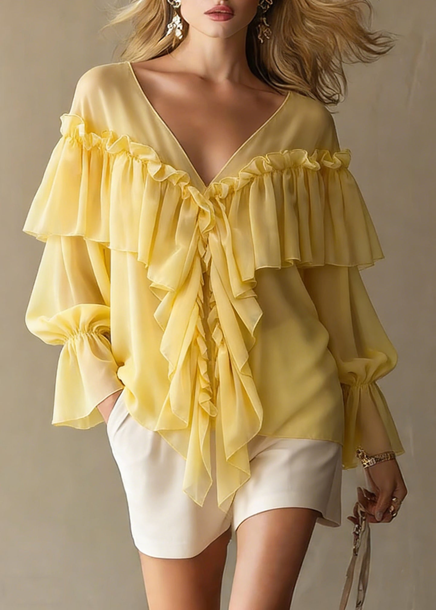 Yellow Ruffled Button Chiffon Shirt Tops V Neck Spring