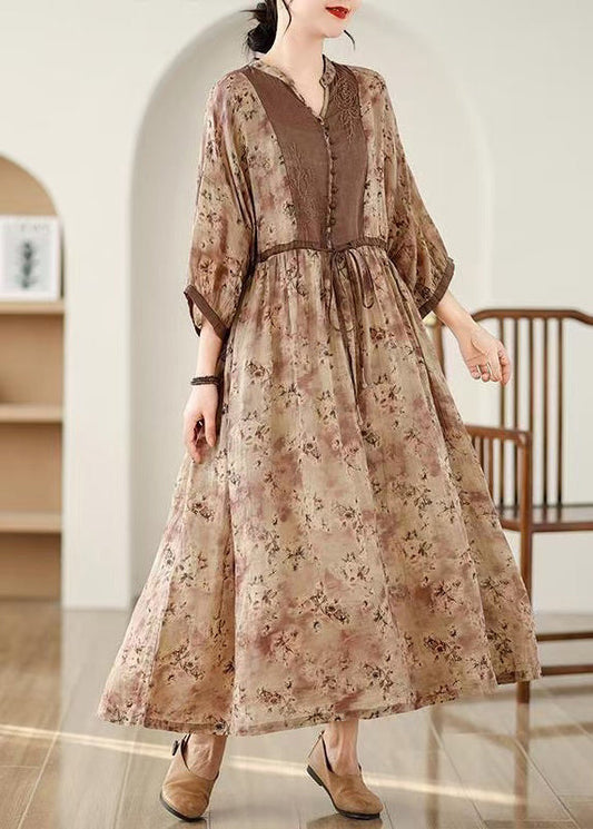 Khaki Print Tie Waist Pockets Cotton Long Dresses Fall
