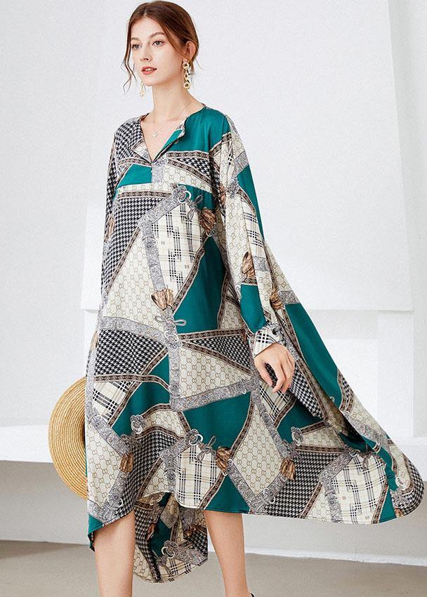 Black Green V Neck Print Fall Long Dresses