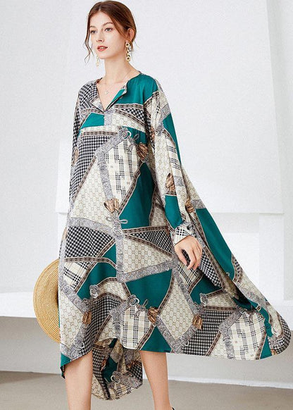 Black Green V Neck Print Fall Long Dresses