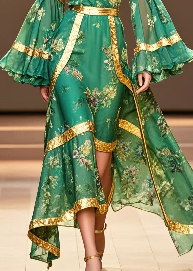 Tea Green Cold Shoulder Print Chiffon Ankle Dress Flare Sleeve