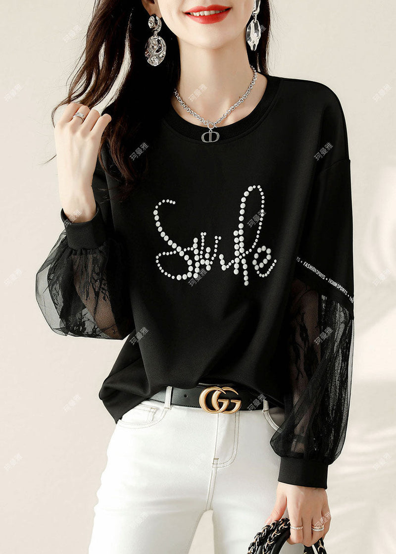 Black Tulle Print Cotton Loose Sweatshirt Spring