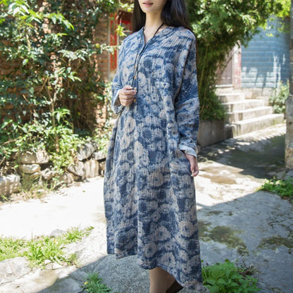 Cotton Linen Loose Fitting Dress Red / Blue