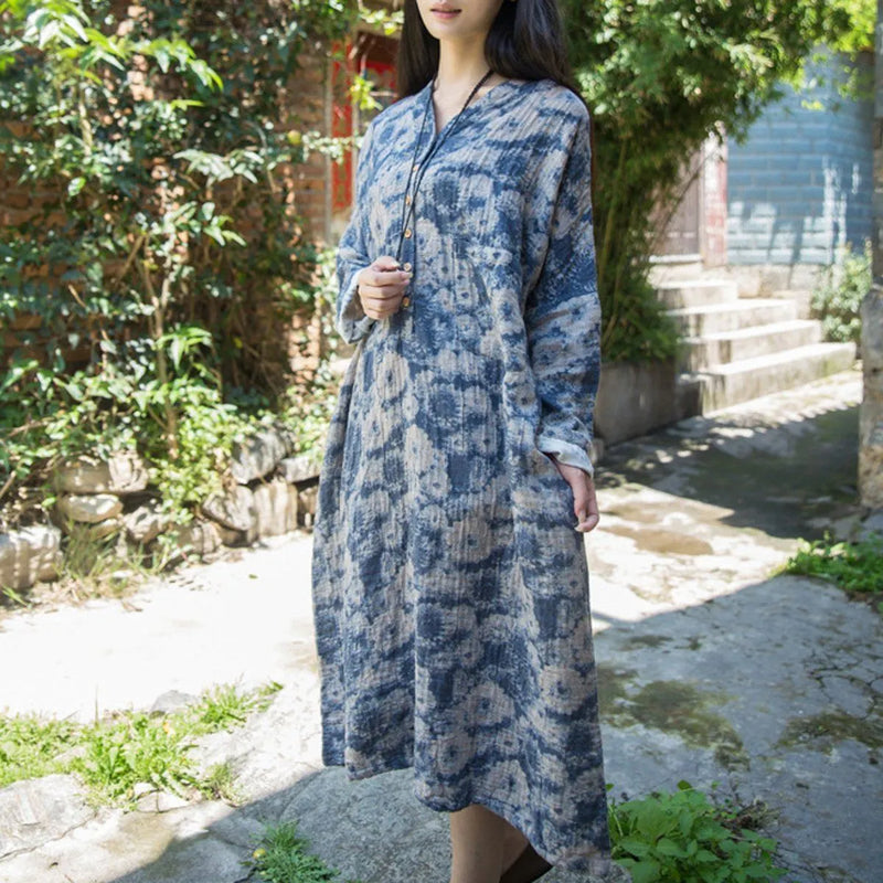 Cotton Linen Loose Fitting Dress Red / Blue