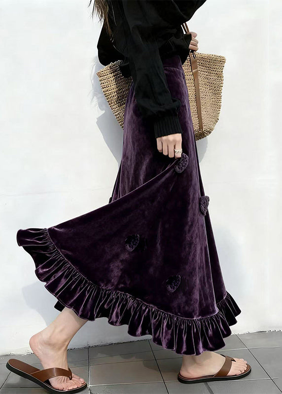 Slim Fit Purple Ruffled High Waist Silk Velvet Skirt Winter