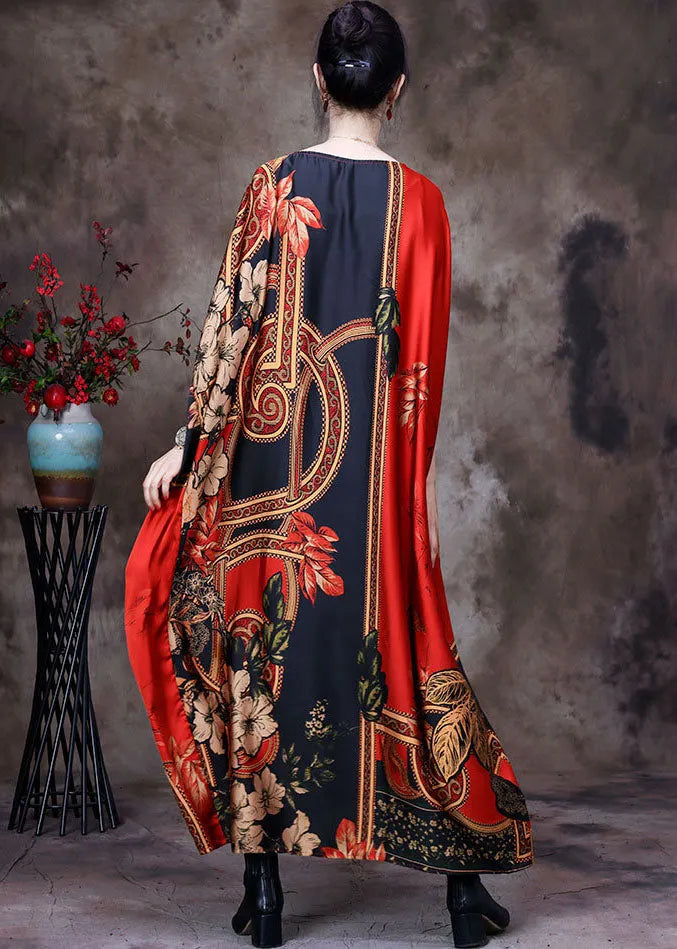 Classy Red O-neck Print Silk Loose Long Dresses Gown Batwing Sleeve