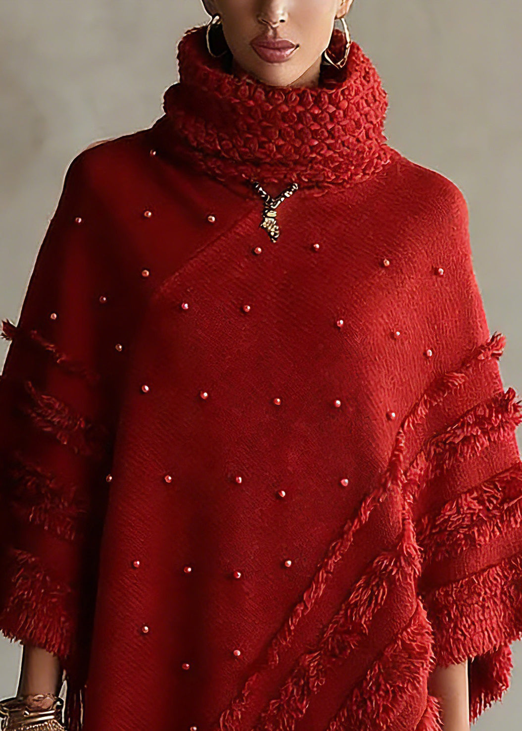 Red Turtleneck Tassel Patchwork Cotton Knit Sweaters Tops Batwing Sleeve