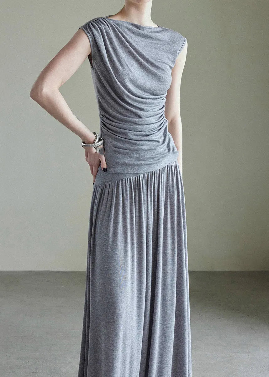 Handmade Grey Slash Neck Vest and Maxi Skirts Cotton Two Piece Set Sleeveless