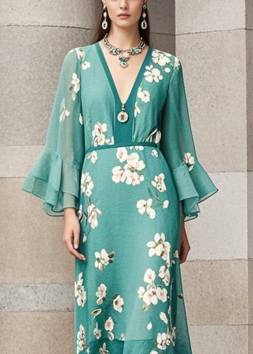 Green Cinched Print Chiffon Dress Flare Sleeve