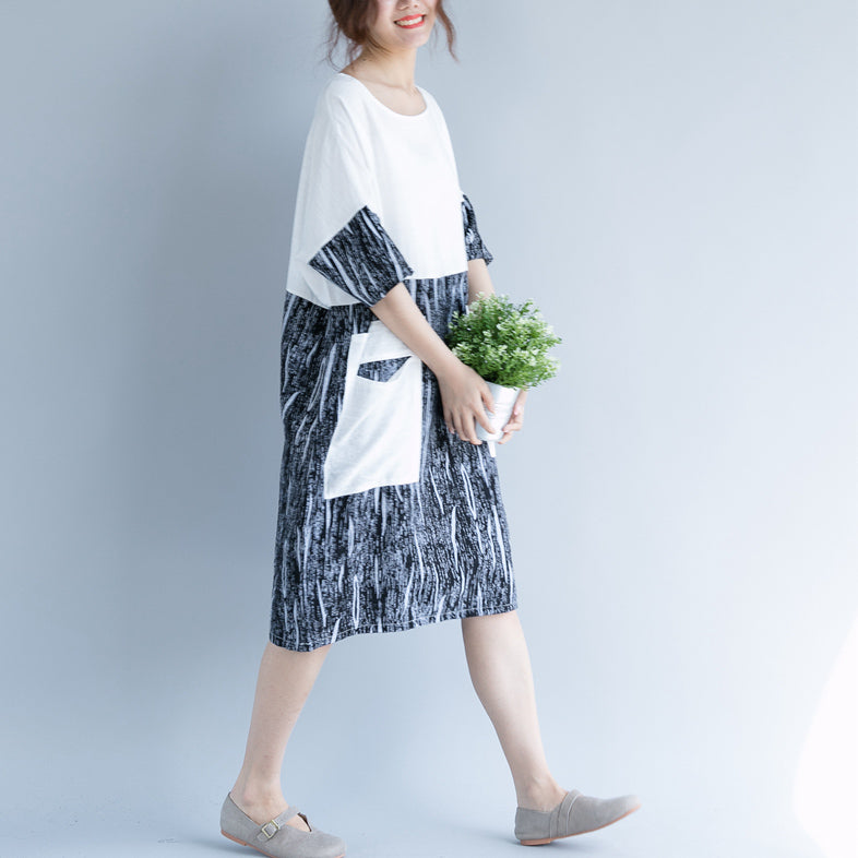 Baggy White Cotton Shift Dress Oversize Dress Patchwork O Neck Short Sleeve Cotton Dress