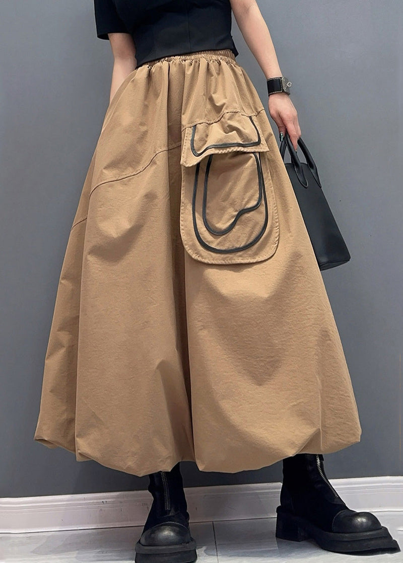 Khaki Pockets Elastic Waist Cotton Skirts Summer
