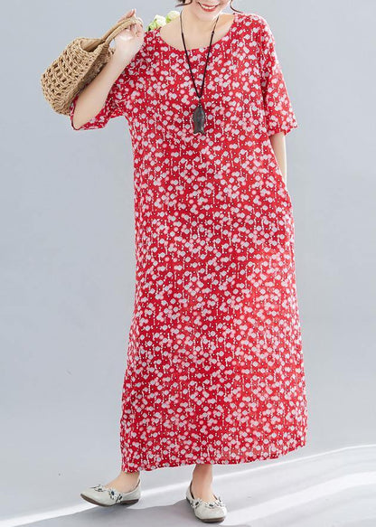 O Neck Pockets Linen Cotton Clothes Tutorials Red Print Dresses Summer