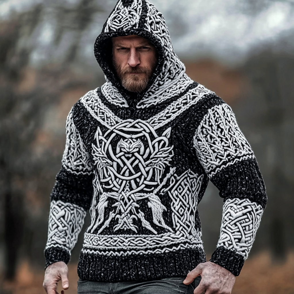 Vintage Wolf Inspired Viking Celtic Jacquard Hooded Sweater elevenforest