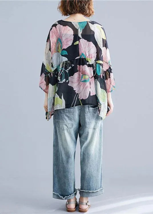 Organic Print Tops O Neck Petal Sleeve Tunic Blouse