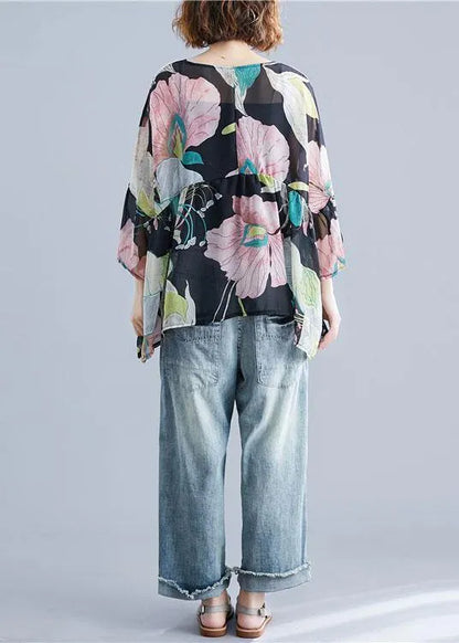 Organic Print Tops O Neck Petal Sleeve Tunic Blouse