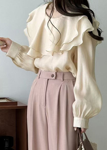 Art Beige Original Design Layered Cotton Blouses Fall