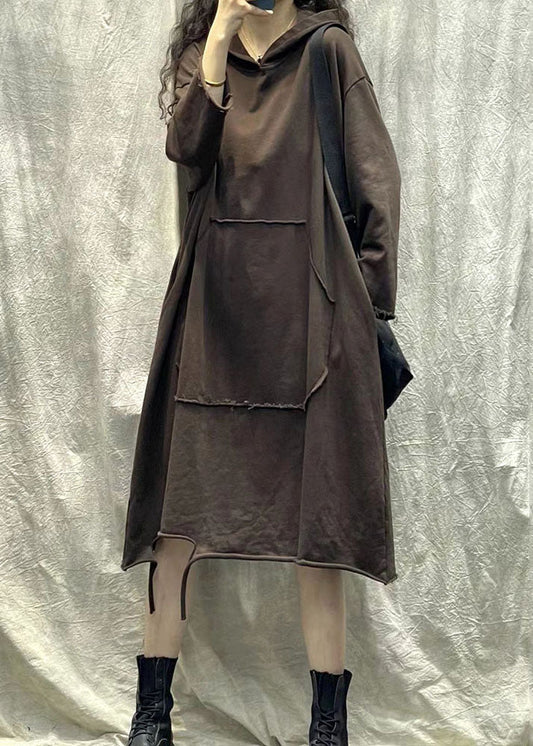 Coffee Hooded Ripped Patchwork Cotton Sweatshirts Dress Fall