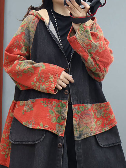 Denim Patchwork Print Hooded Long Coat