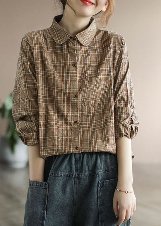 Coffee Plaid Cotton Shirt Tops Pocket Long Sleeve