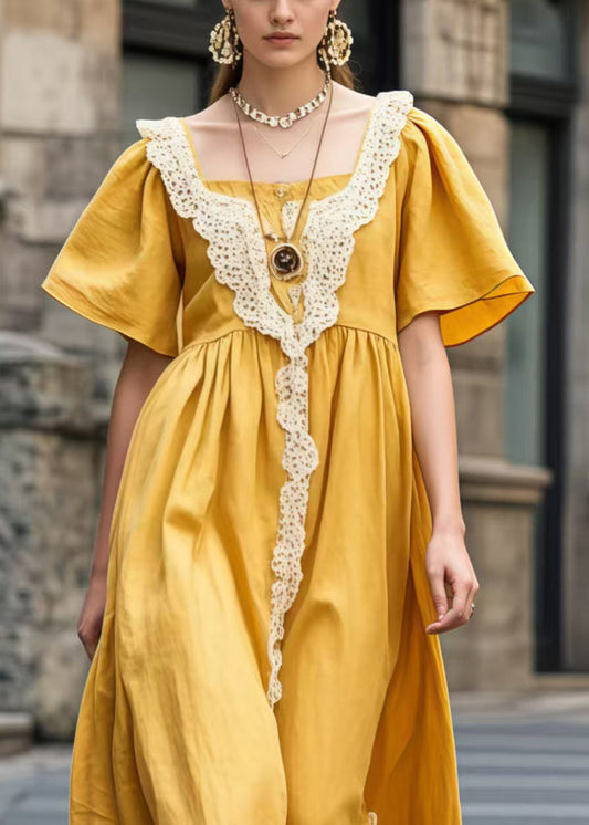 Boutique Yellow Square Collar Patchwork Lace Long Dress Summer