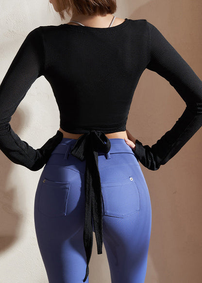 Black Patchwork Tie Waist Yoga Shirts