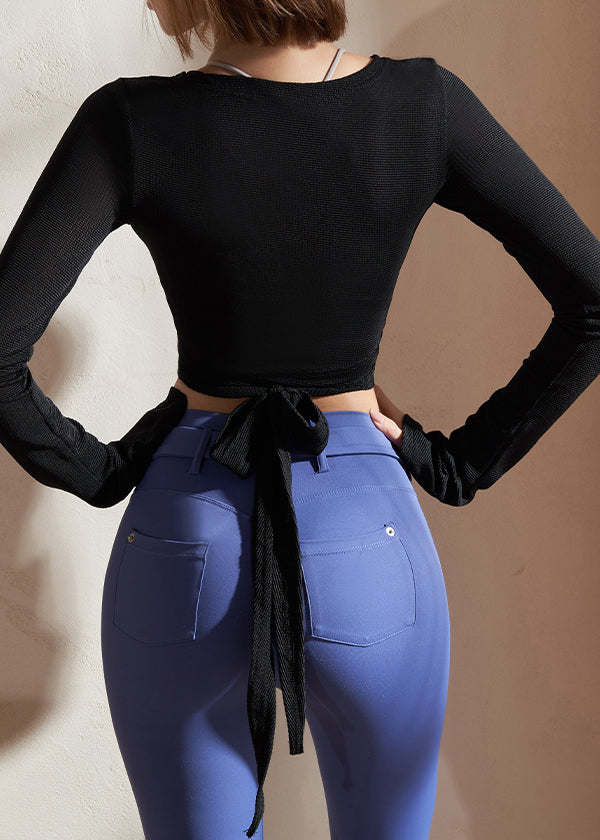 Black Patchwork Tie Waist Yoga Shirts