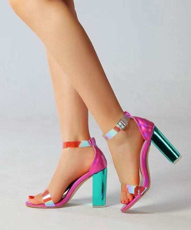 Fine Buckle Strap Splicing Chunky High Heels Sandals for Colorblock Faux Leather