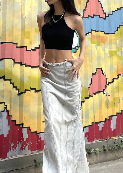 European and American Style Light Blue Denim Maxi Skirts Spring
