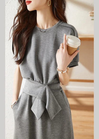 Grey O-neck Top and Skirts Two Piece Set Short Sleeve
