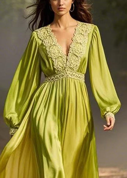 Green Wrinkled Chiffon Long Dresses V Neck Spring
