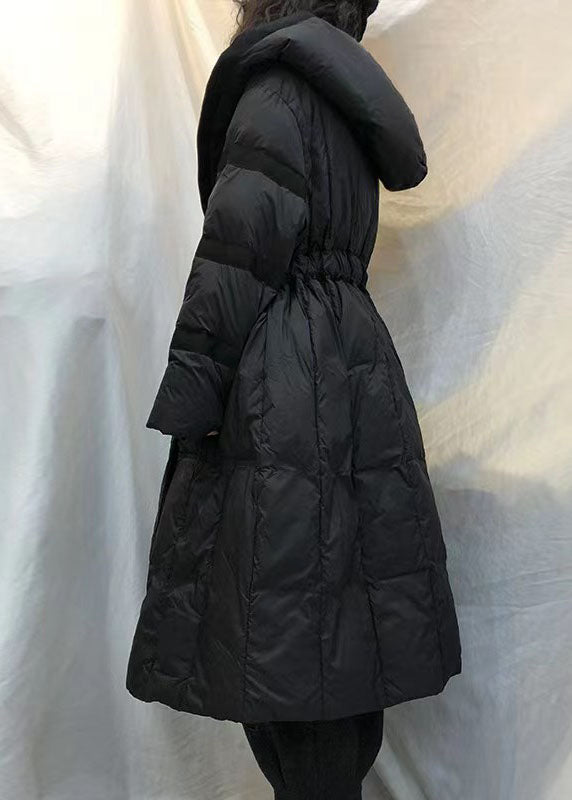 Black Hooded Tie Waist Winter Duck Down Coats