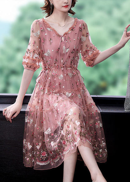 Pink Ruffled Embroidered Exra Large Hem Tulle Cinched Dress Summer
