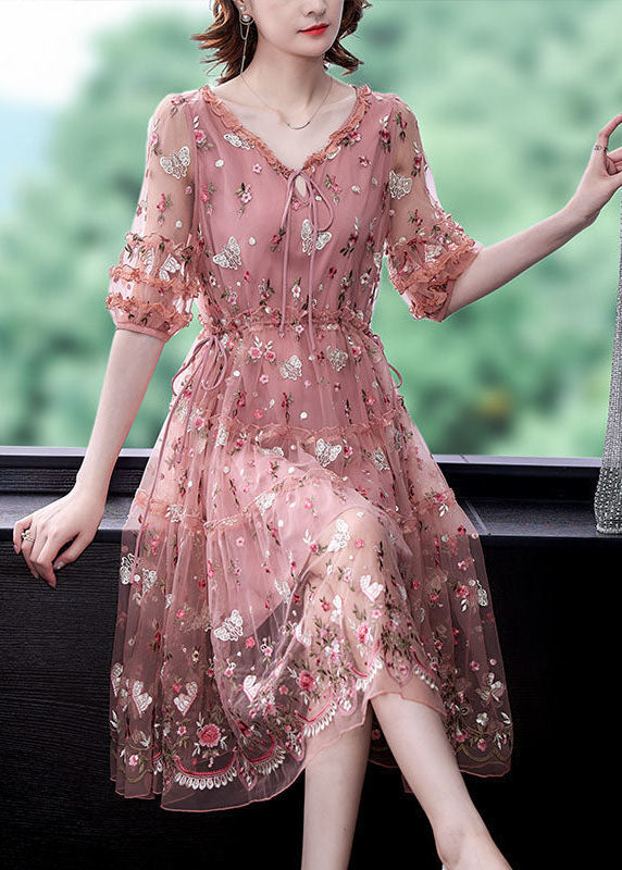 Pink Ruffled Embroidered Exra Large Hem Tulle Cinched Dress Summer
