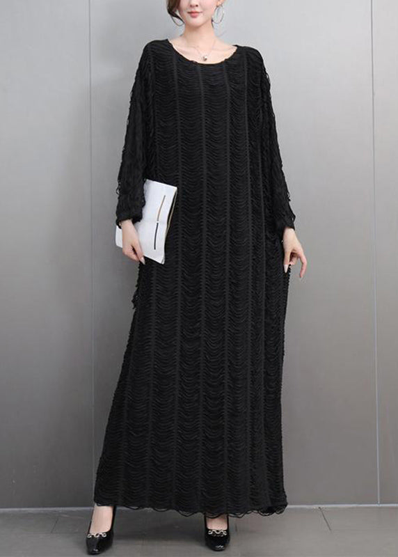 Loose Blue O-neck Cozy Tassel Long Dress Spring