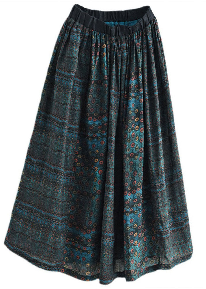 Green Elastic Waist Print Patchwork Linen Skirts Fall