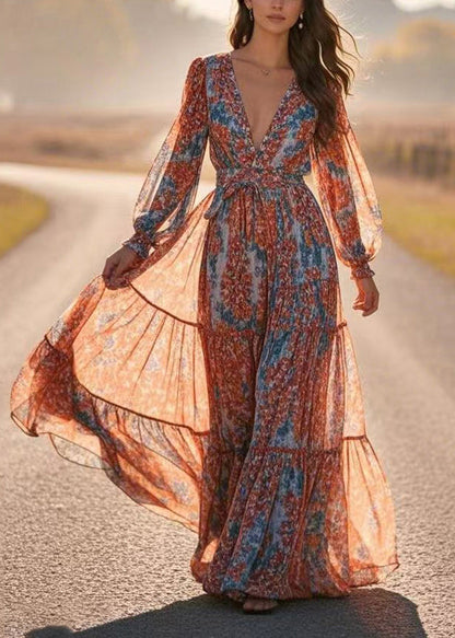 Blue V Neck Patchwork Chiffon Long Dress Lantern Sleeve