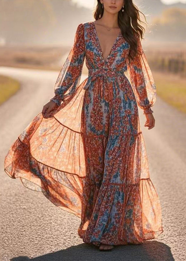 Blue V Neck Patchwork Chiffon Long Dress Lantern Sleeve