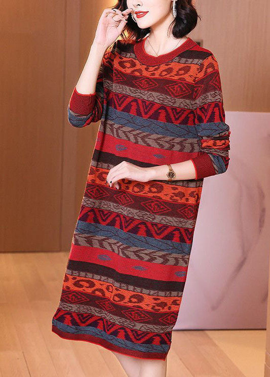 Style Red O-neck Striped Thick Long Knit Dress Long Sleeve