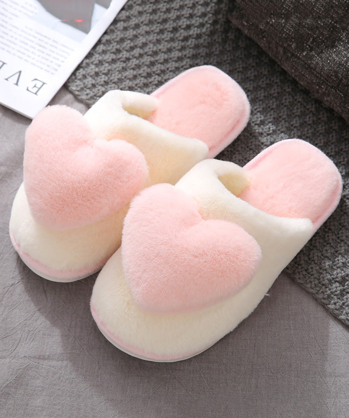 Pink Fuzzy Wool Lined Slippers Shoes Splicing Heart