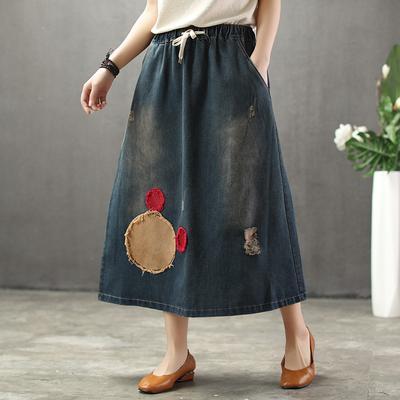Cozy Thin Cartoon Embroidered Patch Swing Denim Skirt